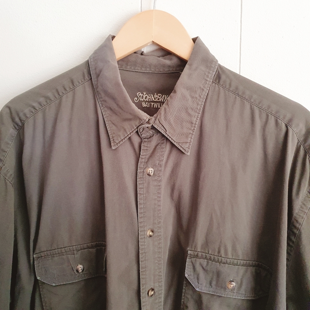 St. John's Bay Bay Twill Button Up Shirt | Cotton | Army Green | Size XL